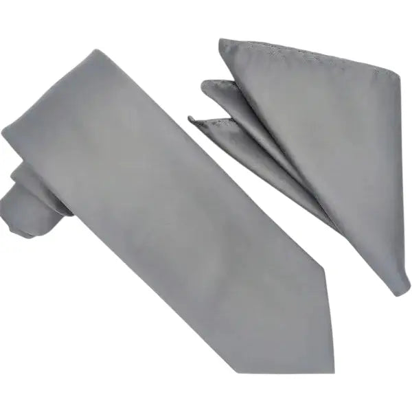 M & R Clothing Stacy Adams solid grey necktie and matching pocket square set for formal occasions