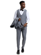 Model wearing a grey M & R Clothing Stacy Adams 3-piece tuxedo set with a vest, flat-front pants, and bowtie.
