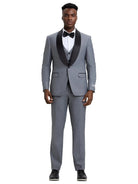 M & R Clothing Stacy Adams grey 3-piece tuxedo with black satin shawl collar on a model wearing a bow tie