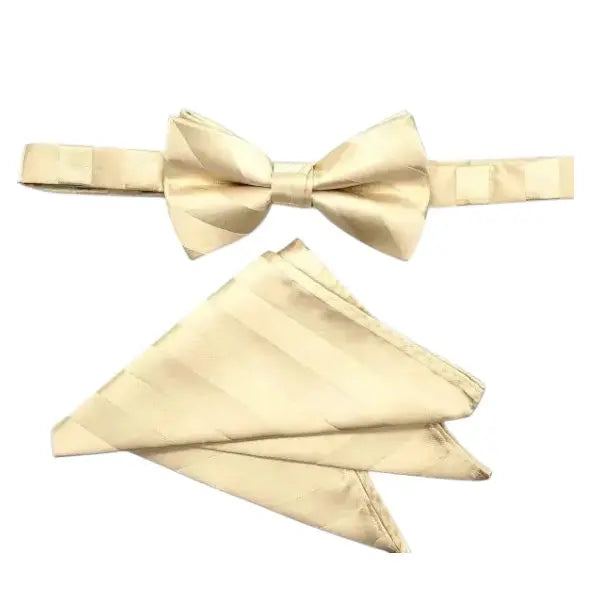 M & R Clothing Stacy Adams ivory pre-tied bow tie and matching pocket square with a subtle diagonal stripe pattern.