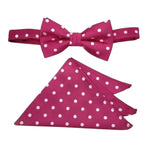 M & R Clothing Stacy Adams magenta polka dot pre-tied bow tie and matching pocket square set for formal events