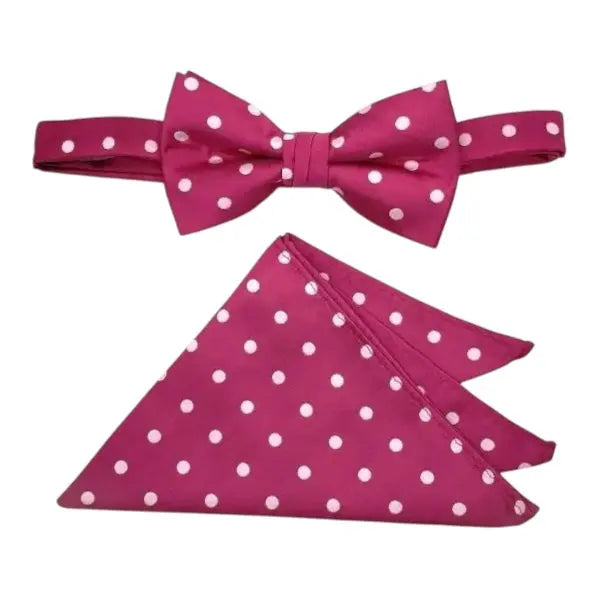 M & R Clothing Stacy Adams magenta polka dot pre-tied bow tie and matching pocket square set for formal events