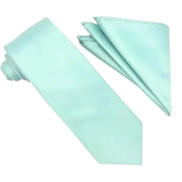 M & R Clothing Stacy Adams solid mint green necktie and matching folded pocket square for formal wear.