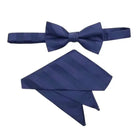 M & R Clothing Stacy Adams navy blue pre-tied bow tie and matching pocket square with a diagonal stripe pattern