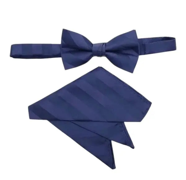 M & R Clothing Stacy Adams navy blue pre-tied bow tie and matching pocket square with a diagonal stripe pattern
