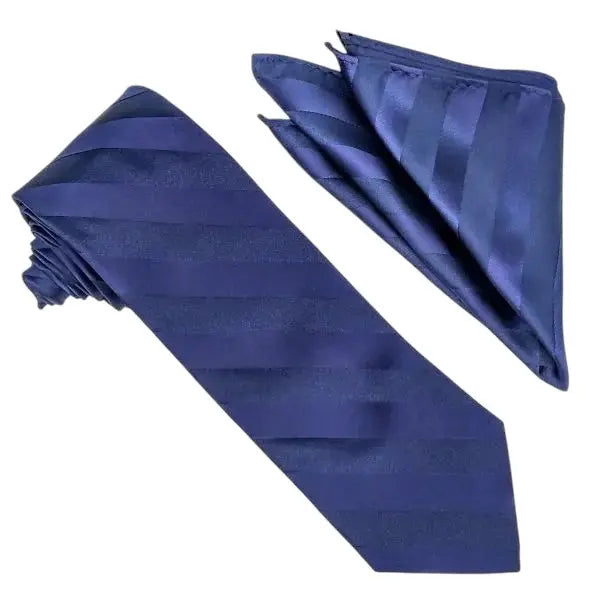 M & R Clothing Stacy Adams navy blue tonal striped necktie and matching pocket square set for formal weddings
