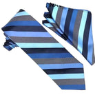 M & R Clothing Stacy Adams navy and light blue striped necktie and matching pocket square set for formal wear.