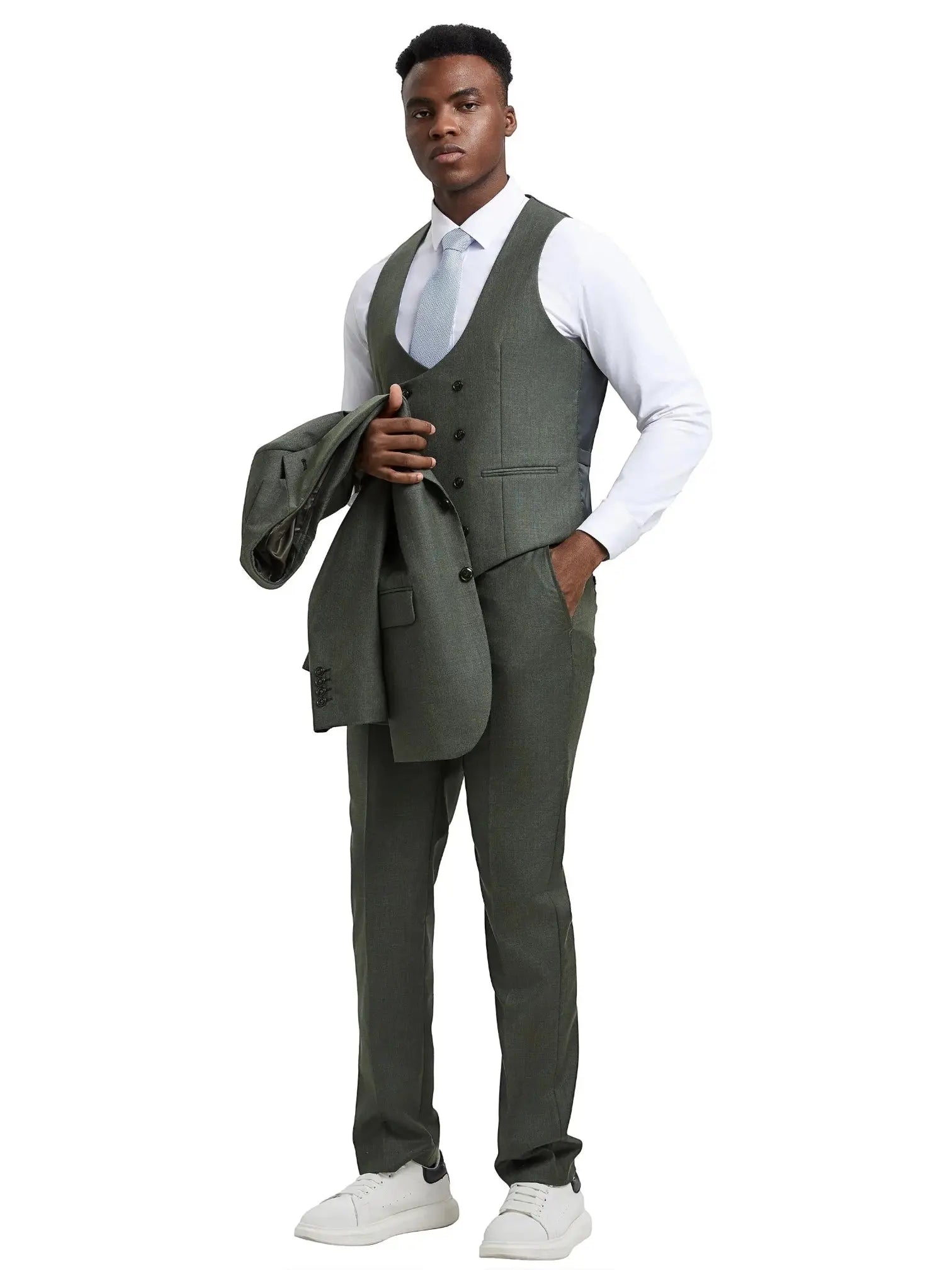 Model wearing a M & R Clothing Stacy Adams olive green sharkskin 3-piece suit with a white shirt and light blue tie.