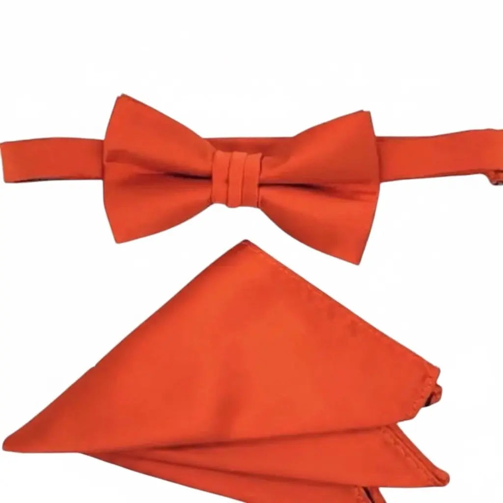 M & R Clothing Stacy Adams solid orange satin bowtie and matching pocket square set for formal events.