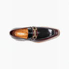 M & R Clothing Stacy Adams Carabello patent leather slip-on shoe in burgundy and black with gold horsebit hardware.
