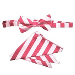 M & R Clothing Stacy Adams pre-tied bow tie and pocket square set in a pink and white diagonal stripe pattern