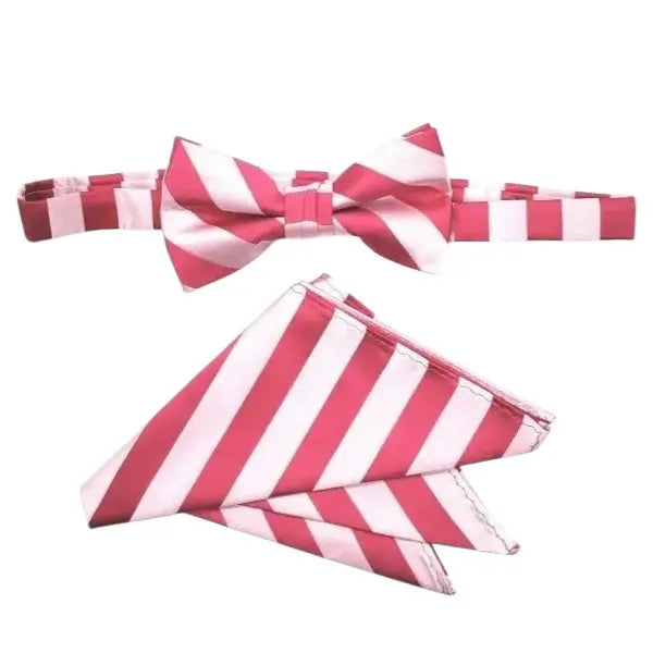 M & R Clothing Stacy Adams pre-tied bow tie and pocket square set in a pink and white diagonal stripe pattern