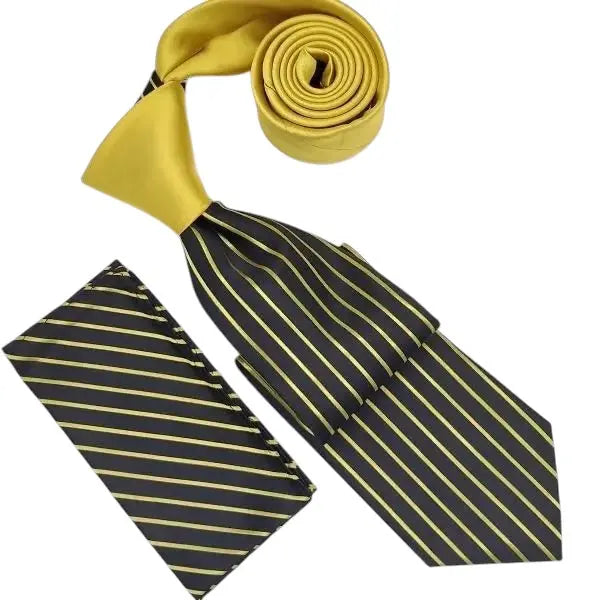 M & R Clothing Stacy Adams black and gold vertical pinstripe necktie and matching pocket square set