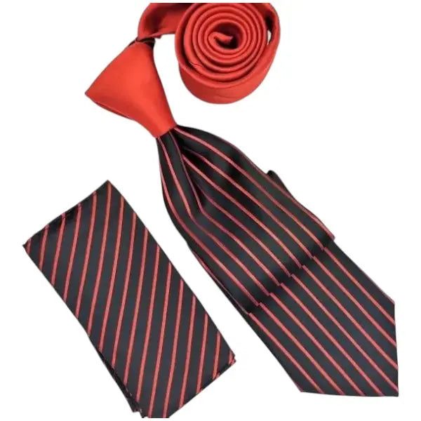 M & R Clothing Stacy Adams red and black vertical pinstripe necktie and matching pocket square set