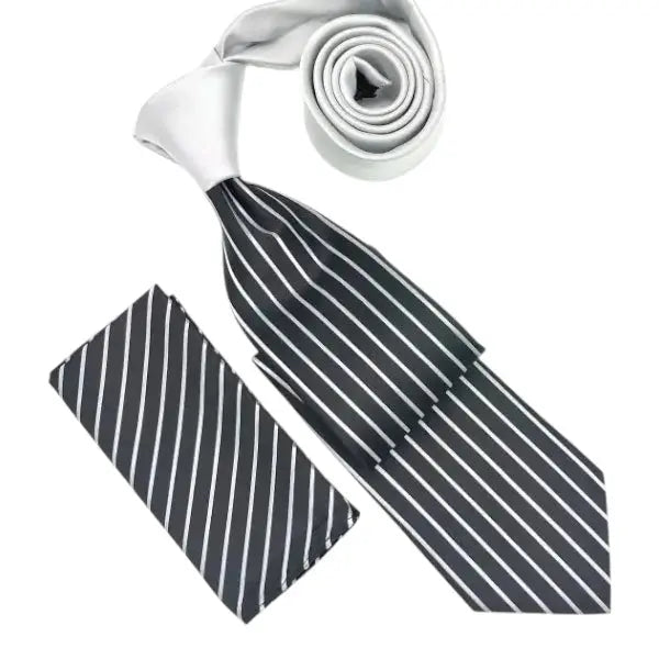 M & R Clothing Stacy Adams black and white vertical pinstripe necktie and matching pocket square set