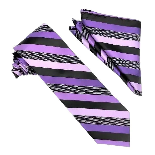 M & R Clothing Stacy Adams plum purple and black striped necktie and matching pocket square set
