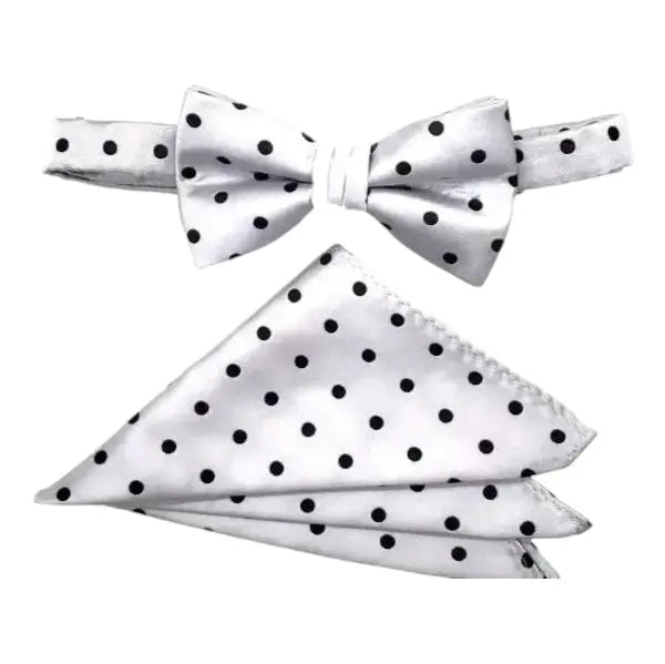 M & R Clothing Stacy Adams white and black polka dot pre-tied bow tie and matching pocket square formal set