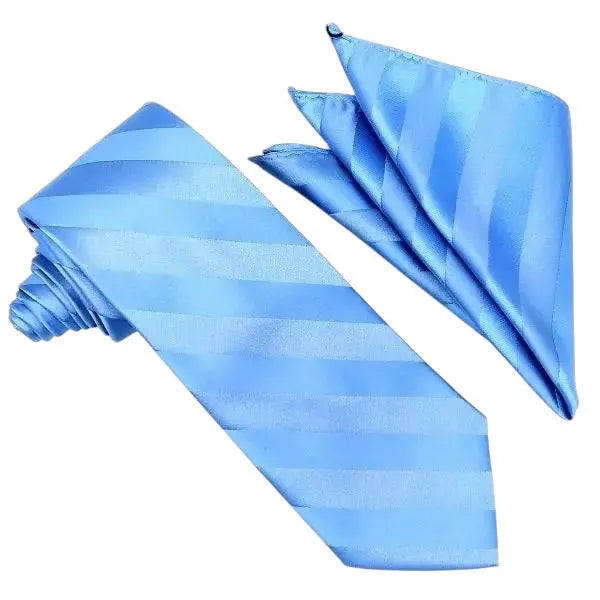 M & R Clothing Stacy Adams powder blue tonal striped necktie and matching pocket square set for formal weddings.