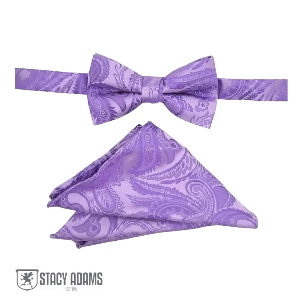 M & R Clothing Stacy Adams purple paisley pre-tied bow tie and matching pocket square set for formal events
