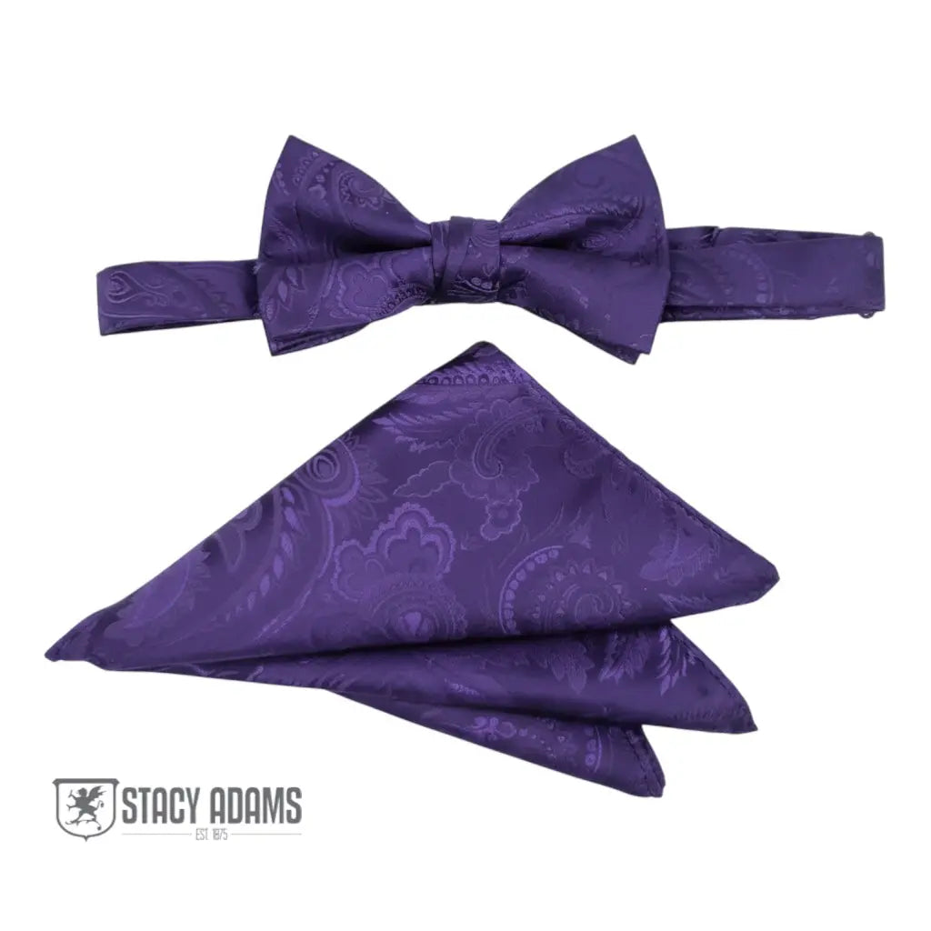 M & R Clothing Stacy Adams purple paisley pre-tied bow tie and matching pocket square set for formal events