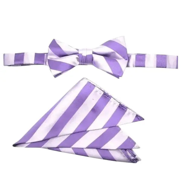 M & R Clothing Stacy Adams purple and white diagonal stripe pre-tied bow tie and matching pocket square set