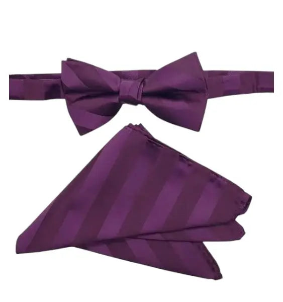 M & R Clothing Stacy Adams purple striped pre-tied bow tie and matching pocket square set for formal wedding attire