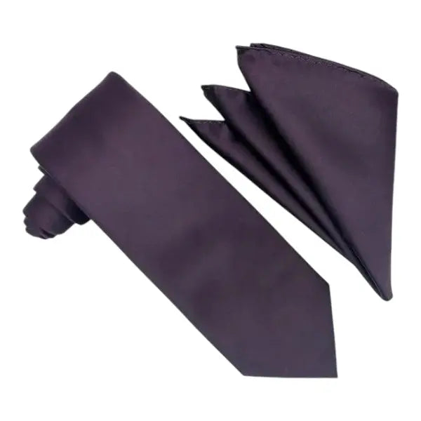 M & R Clothing Stacy Adams solid dark purple necktie and matching folded pocket square set for formal wear