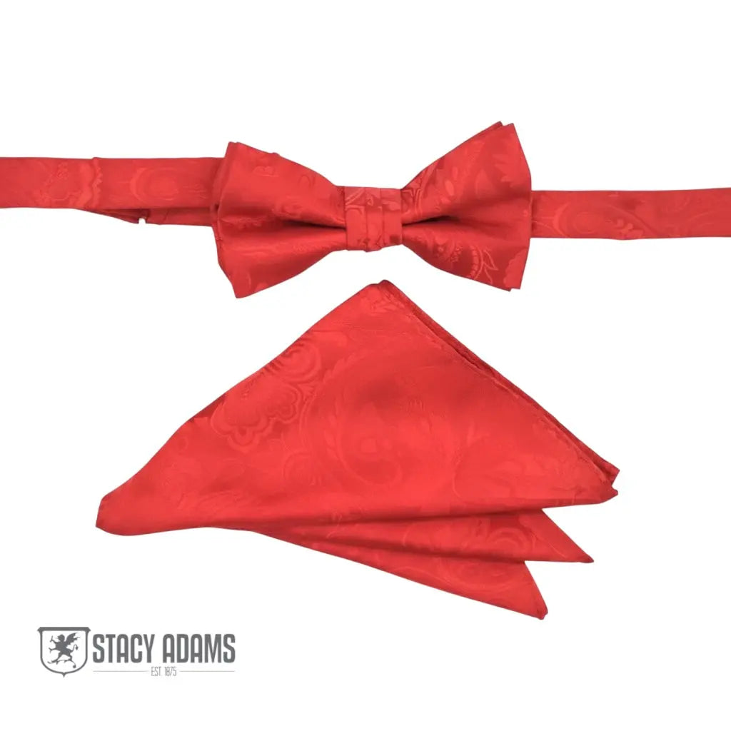 M & R Clothing Stacy Adams red paisley pre-tied bow tie and matching pocket square set for formal events