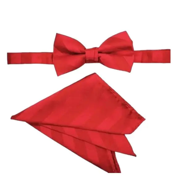 M & R Clothing Stacy Adams red pre-tied bow tie and matching pocket square with a subtle diagonal stripe pattern.