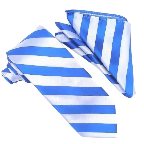 M & R Clothing Stacy Adams royal blue and white striped necktie and matching pocket square set for formal weddings.