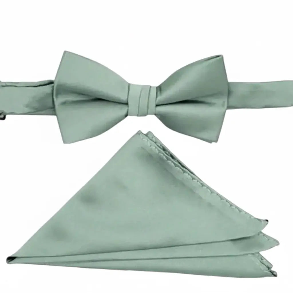 M & R Clothing Stacy Adams sage green satin bowtie and matching pocket square set for formal events