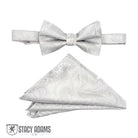 M & R Clothing Stacy Adams silver paisley pre-tied bow tie and matching pocket square set for formal events