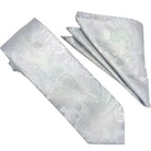M & R Clothing Stacy Adams silver paisley necktie and matching pocket square set for formal wear.