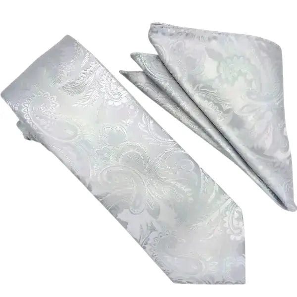 M & R Clothing Stacy Adams silver paisley necktie and matching pocket square set for formal wear.
