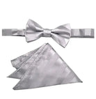 M & R Clothing Stacy Adams silver pre-tied bow tie and matching pocket square with a diagonal stripe pattern.