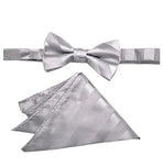M & R Clothing Stacy Adams silver pre-tied bow tie and matching pocket square with a diagonal stripe pattern.