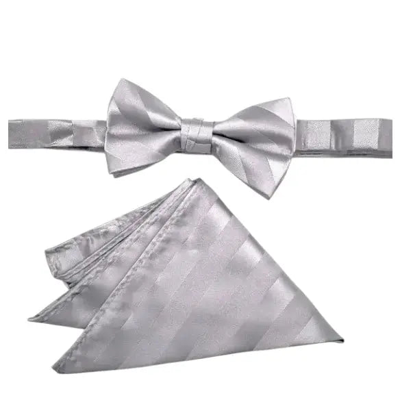 M & R Clothing Stacy Adams silver pre-tied bow tie and matching pocket square with a diagonal stripe pattern.