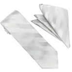 M & R Clothing Stacy Adams silver tonal striped necktie and matching pocket square set for formal wedding attire.