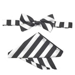 M & R Clothing Stacy Adams black and white diagonal stripe pre-tied bow tie and matching pocket square set