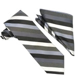 M & R Clothing Stacy Adams black, white, and grey textured stripe necktie and matching pocket square set