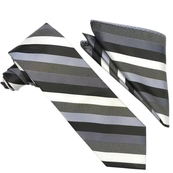 M & R Clothing Stacy Adams black, white, and grey textured stripe necktie and matching pocket square set
