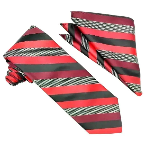 M & R Clothing Stacy Adams striped necktie and matching pocket square in black and red textured fabric