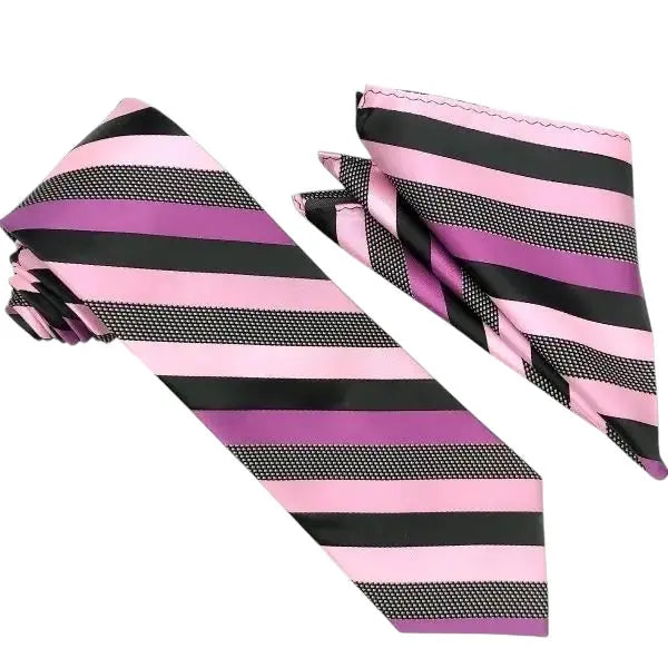 M & R Clothing Stacy Adams pink, purple, and black striped necktie and matching pocket square set for formal wear.