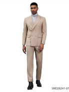 M & R Clothing Stacy Adams double breasted tan suit worn by a model with a grey turtleneck and black boots