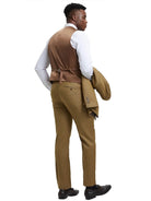 Model wearing M & R Clothing Stacy Adams 3-piece sharkskin suit in tan with a brown vest, back view