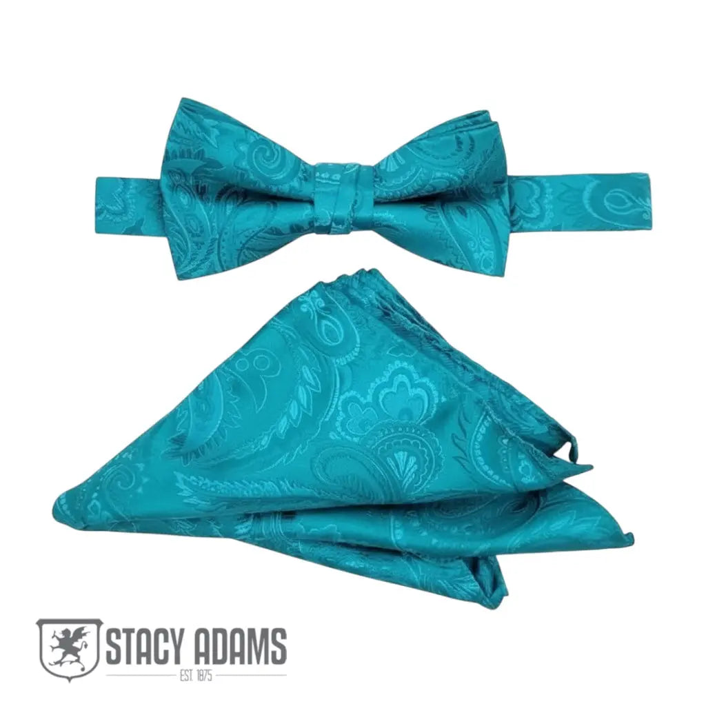 M & R Clothing Stacy Adams teal paisley pre-tied bow tie and matching pocket square set for formal events