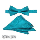 M & R Clothing Stacy Adams teal paisley pre-tied bow tie and matching pocket square set for formal events