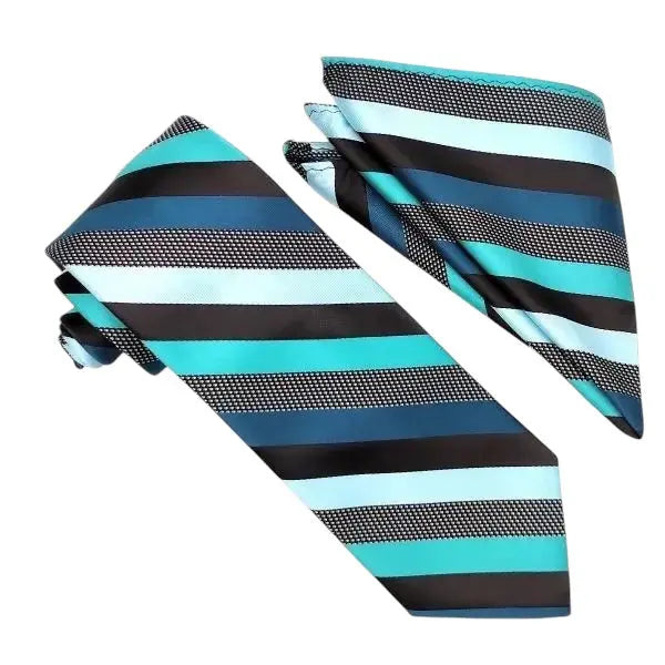 M & R Clothing Stacy Adams teal and black striped necktie and matching pocket square set for formal wear