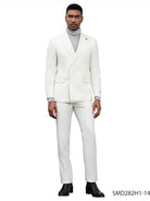M & R Clothing Stacy Adams white double breasted suit worn by a model with a grey turtleneck and black boots