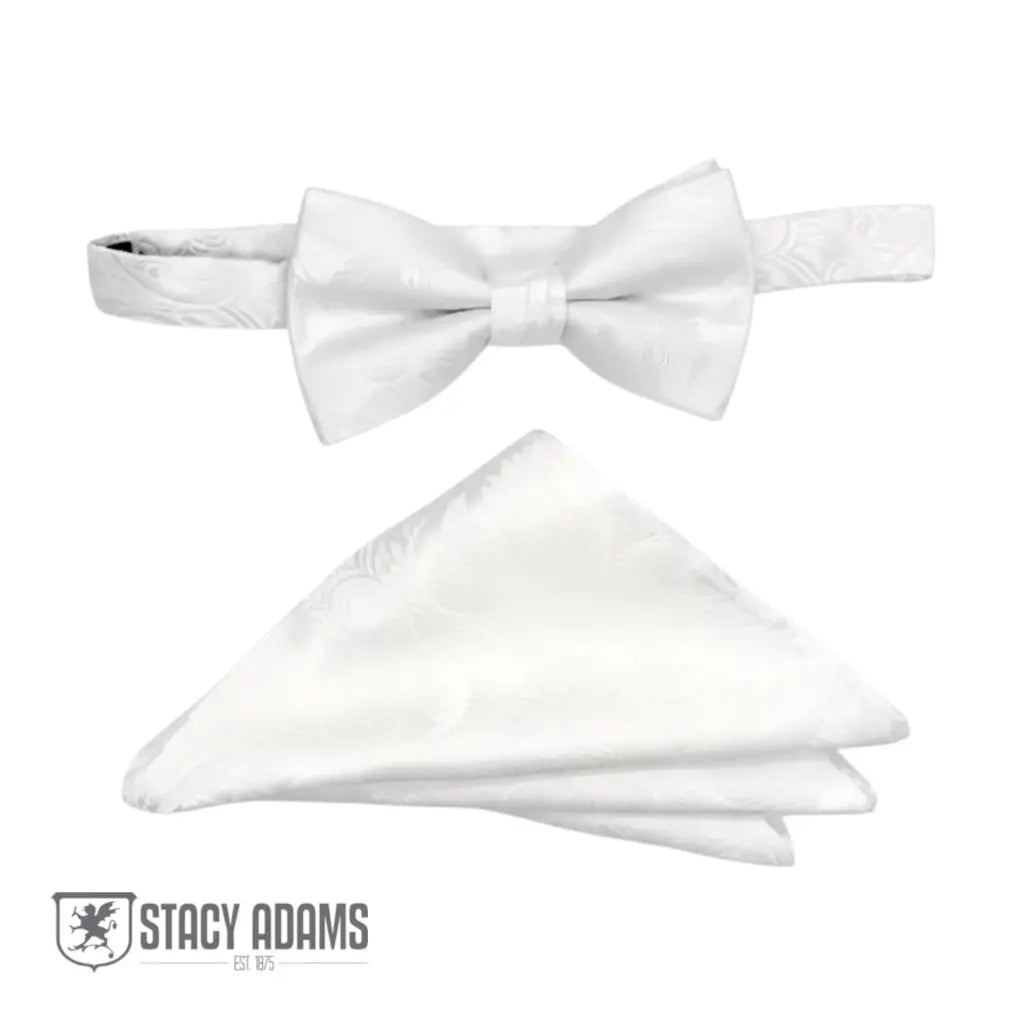 M & R Clothing Stacy Adams white paisley pre-tied bow tie and matching folded pocket square set for formal events